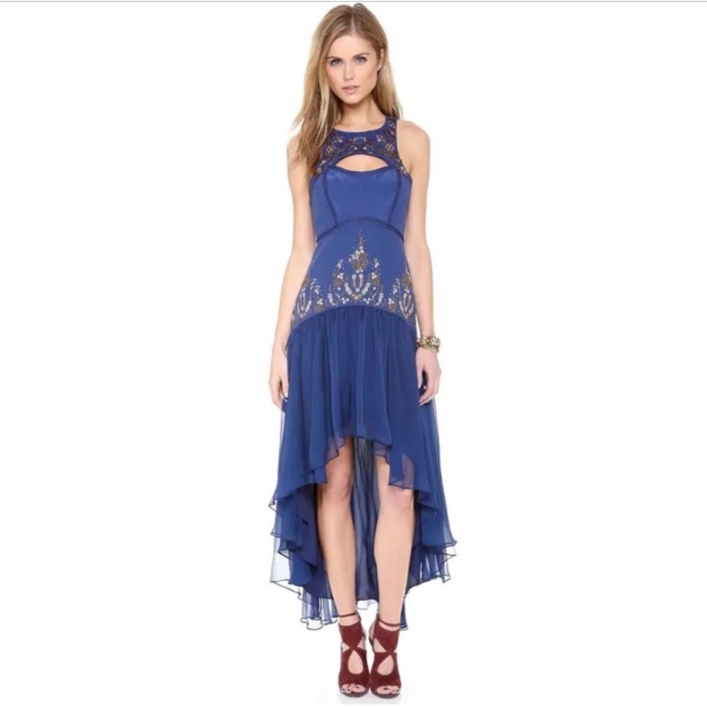 Free People RARE Dream Garden DressNWT Navy Embellished high low chiffon SZ 2